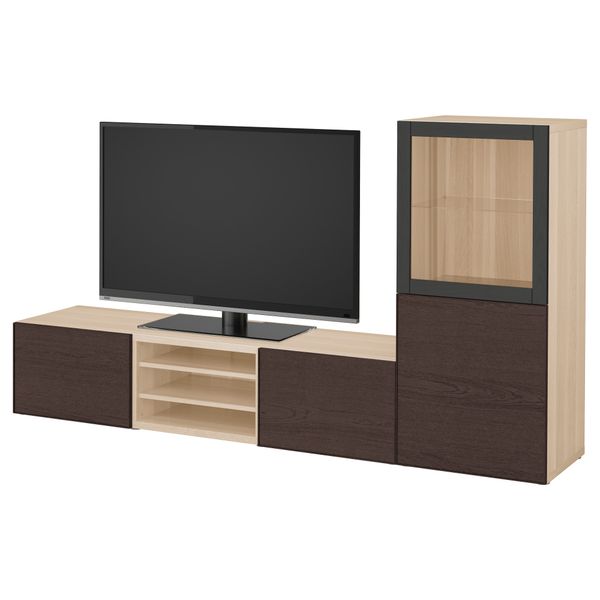 Шкаф для ТВ, комбинированный, стекляные дверцы БЕСТО, под беленый дуб, Инвикен черно-коричневый прозрачное стекло (240x40x128 - фото 1