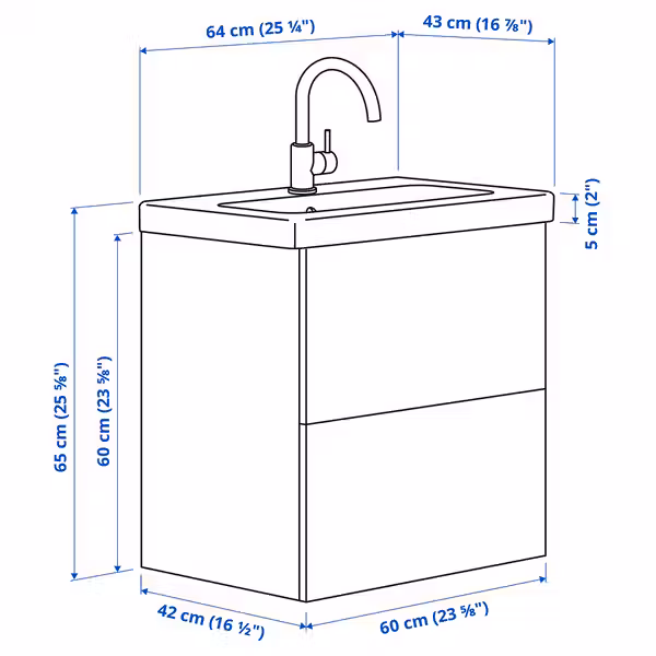 ENHET / TVÄLLEN Шкаф с ящиками/раковина/смеситель - белый 64x43x65 см - схема-чертеж с размерами