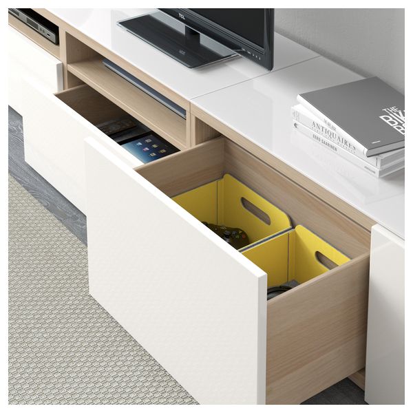 Шкаф для ТВ, комбинированный, стекляные дверцы БЕСТО, под беленый дуб, Сельсвикен глянцевый/белый матовое стекло (240x40x230 см) - фото 3