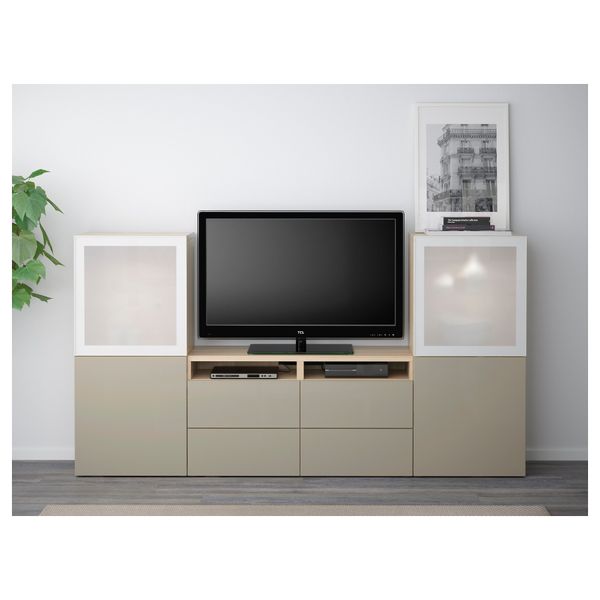 Шкаф для ТВ, комбинированный, стекляные дверцы БЕСТО, под беленый дуб, Сельсвикен глянцевый/бежевый матовое стекло (240x40x128 - фото 2