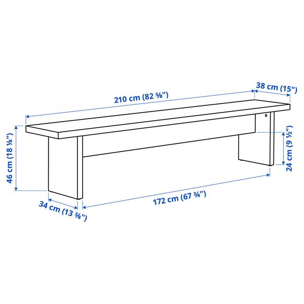 BERGSHYTTAN БЕРГСХЮТТАН Скамья - с эффектом тонировки березовый шпон 210x38 см - схема-чертеж с размерами