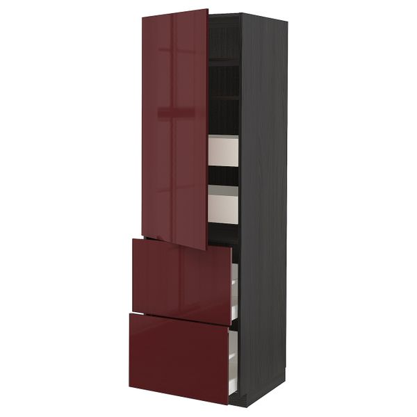 Высокий шкаф + полки, 4 ящика/2дверцы, черный Калларп/глянцевый темный красно-коричневый 60x60x200 см IKEA МЕТОД / МАКСИМЕРА - схема-чертеж с размерами