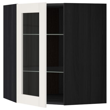Угловой навесной шкаф с полками, стекляными дверцами МЕТОД, черный, Сэведаль белый