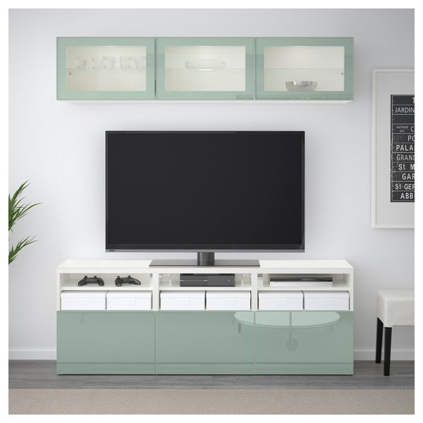 Шкаф для ТВ, комбинированный, стекляные дверцы БЕСТО, белый Сельсвикен, глянцевый/серо-зеленый светлый прозрачное стекло - фото 2