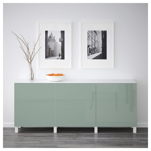 Комбинация для хранения с дверцами БЕСТО, белый, Сельсвикен глянцевый/серо-зеленый светлый (180x42x74 см) - схема-чертеж с размерами