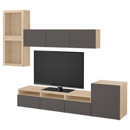 Шкаф для ТВ, комбинированный, стекляные дверцы БЕСТО, под беленый дуб Грундсвикен, темно-серый прозрачное стекло (300x20/40x211