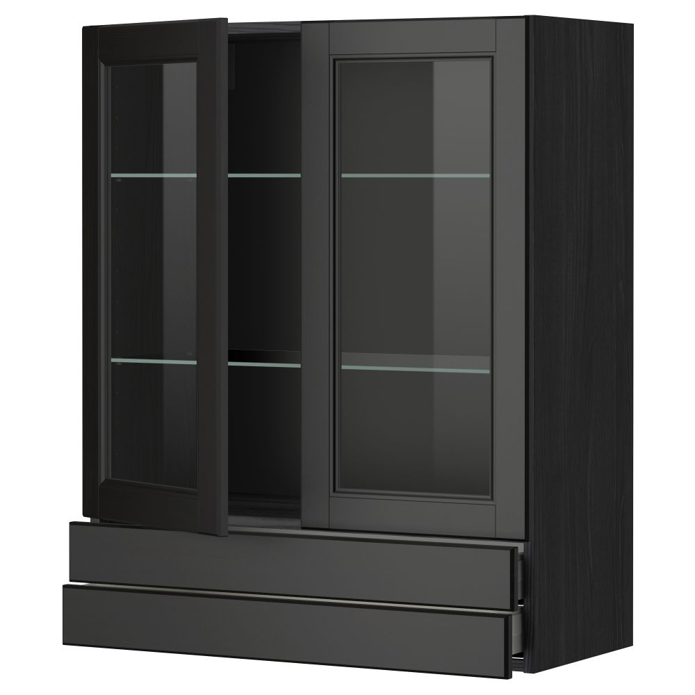 Навесной шкаф, 2 стеклянные дверцы, 2 ящика МЕТОД / МАКСИМЕРА, черный, Лаксарби черно-коричневый - фото 1