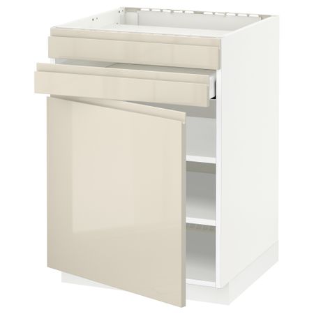 Напольный шкаф для варочной панели, доводчик, 2 фасада, 1 ящик МЕТОД / МАКСИМЕРА, белый, Воксторп глянцевый светло-бежевый