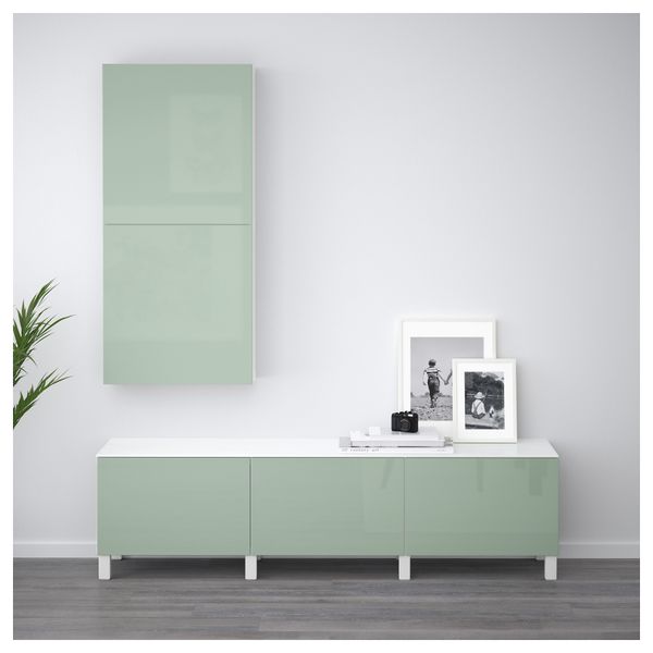 Комбинация для хранения с ящиками БЕСТО, белый, Сельсвикен глянцевый/серо-зеленый светлый (180x42x48 см) - схема-чертеж с размерами