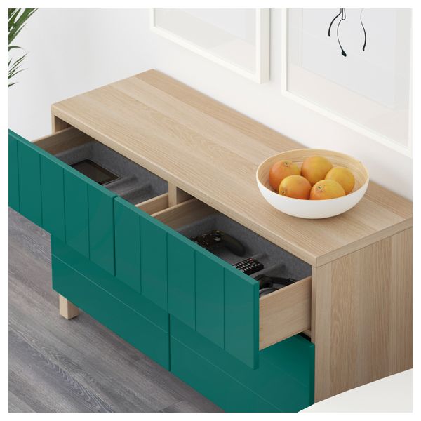 Комбинация для хранения с дверцами, ящиками БЕСТО, под беленый дуб, Халлставик сине-зеленый (120x40x74 см) - схема-чертеж с размерами