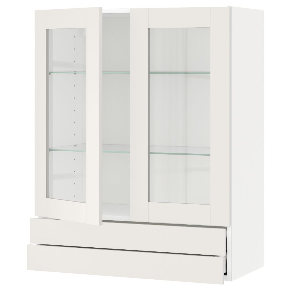 Навесной шкаф, 2 стеклянные дверцы, 2 ящика МЕТОД / МАКСИМЕРА, белый, Сэведаль белый - схема-чертеж с размерами