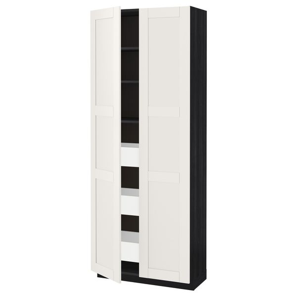 Высокий шкаф с ящиками, 2 дверцы МЕТОД / МАКСИМЕРА, черный, Сэведаль белый (80x37x200 см) - схема-чертеж с размерами