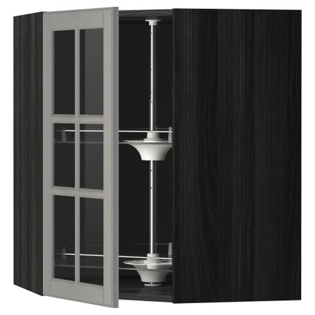 Угловой навесной шкаф с вращающающейся секцией, стеклянными дверцами МЕТОД, черный, Будбин серый