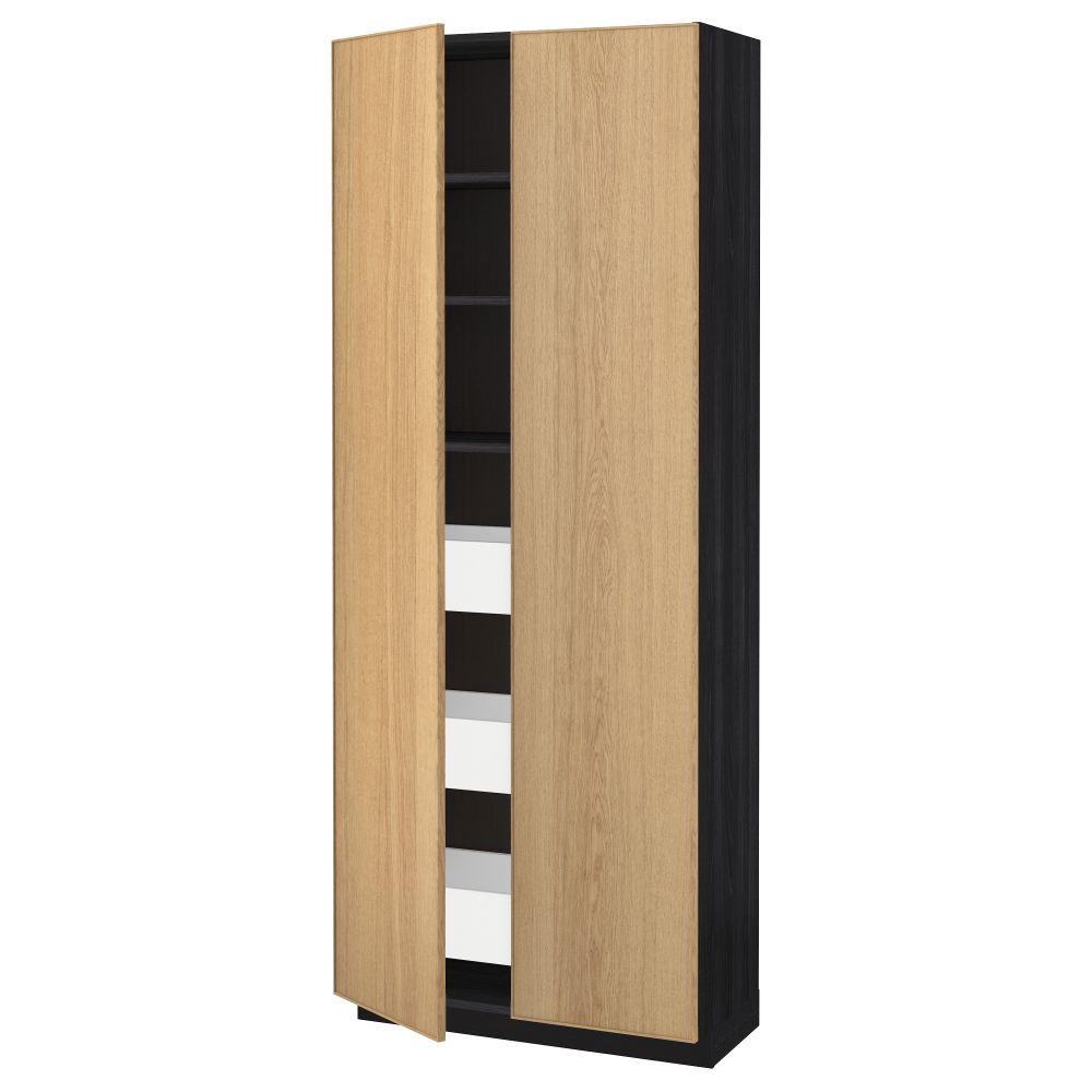 Высокий шкаф с ящиками, 2 дверцы МЕТОД / МАКСИМЕРА, черный, Экестад дуб (80x37x200 см) - схема-чертеж с размерами