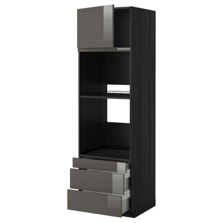 Высокий шкаф для духовки комбинированный, духовка + дверца, 3 ящика МЕТОД / ФОРВАРА, черный, Рингульт серый