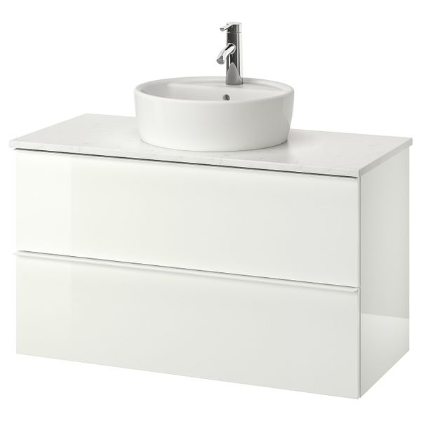 Шкаф п-раковину/столешн45/раковина, глянцевый белый/под мрамор ДАЛЬШЕР смеситель 102x49x74 см IKEA GODMORGON/TOLKEN - фото 1