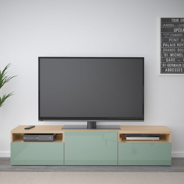 Тумба под ТВ, под беленый дуб, Сельсвикен глянцевый/серо-зеленый светлый, 180x40x38 см IKEA БЕСТО 592.503.89 - фото 2