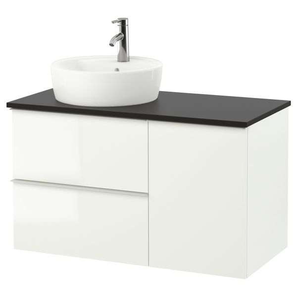 Шкаф с раковиной 45 см ГОДМОРГОН/ТОЛКЕН / ТОРНВИКЕН, глянцевый белый, антрацит (102x49x74 см) - фото 1