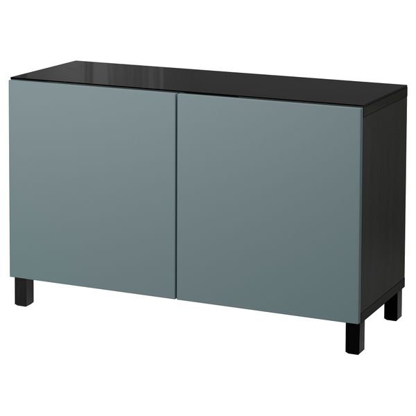 Комбинация для хранения с дверцами БЕСТО, черно-коричневый, Вальвикен серо-бирюзовый (120x40x74 см) - фото 1