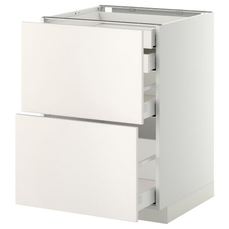 Напольный шкаф 2 фронтальные панели, 2 нижних, 1 средний, 1 высокий ящик МЕТОД / МАКСИМЕРА, белый, Веддинге белый