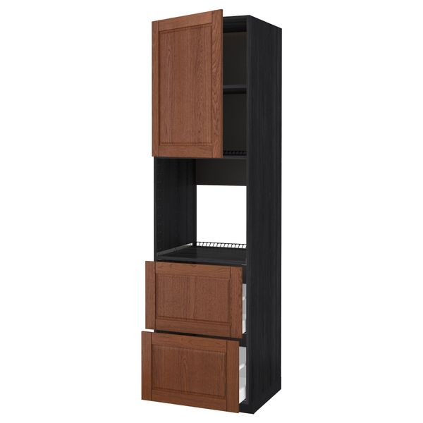 Высокий шкаф для духовки + дверца, 2 форнтальных, 2 высоких ящик МЕТОД / МАКСИМЕРА, черный, Филипстад коричневый - схема-чертеж с размерами