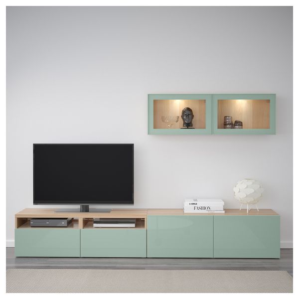 Шкаф для ТВ, комбинированный, стекляные дверцы БЕСТО, под беленый дуб Сельсвикен, глянцевый/серо-зеленый светлый прозрачное - фото 2