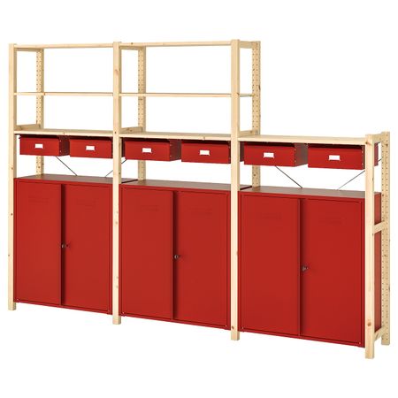 Стеллаж со шкафами/ящиками, сосна/красный 259x30x179 см IKEA IVAR ИВАР 393.237.25