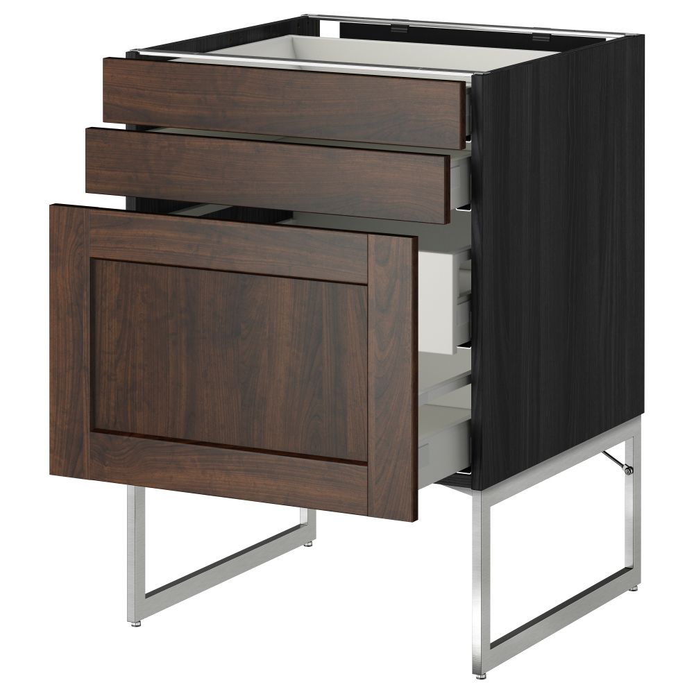 Напольный шкаф 3 фронтальных панели, 2 нижних, 2 средних ящика МЕТОД / МАКСИМЕРА, черный, Эдсерум коричневый - схема-чертеж с размерами