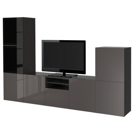 Шкаф для ТВ, комбинированный, стекляные дверцы БЕСТО, черно-коричневый, Сельсвикен глянцевый/серый дымчатое стекло (300x40x192