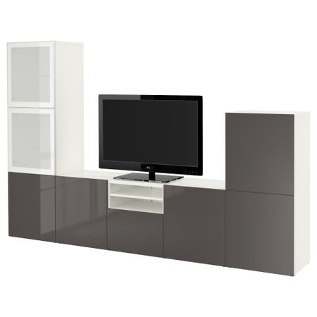 Шкаф для ТВ, комбинированный, стекляные дверцы БЕСТО, белый, Сельсвикен глянцевый/серый матовое стекло (300x40x192 см)