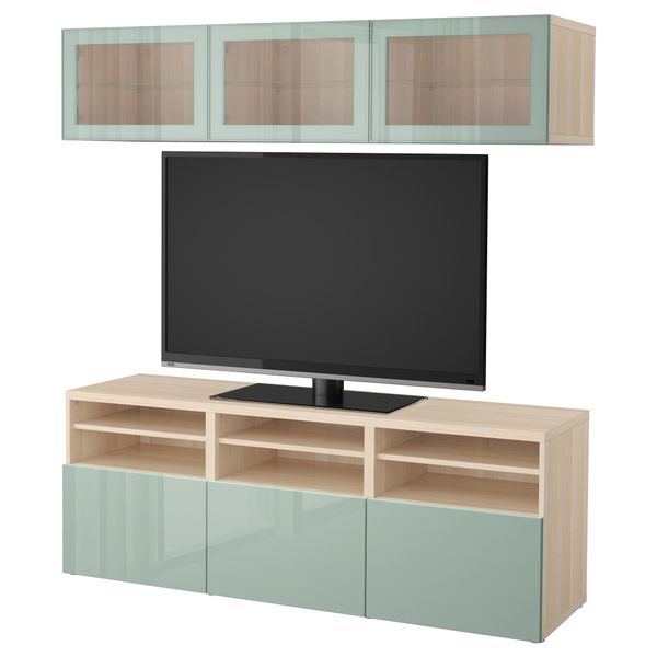 Шкаф для ТВ, комбинированный, стекляные дверцы БЕСТО, под беленый дуб Сельсвикен, глянцевый/серо-зеленый светлый прозрачное - фото 1
