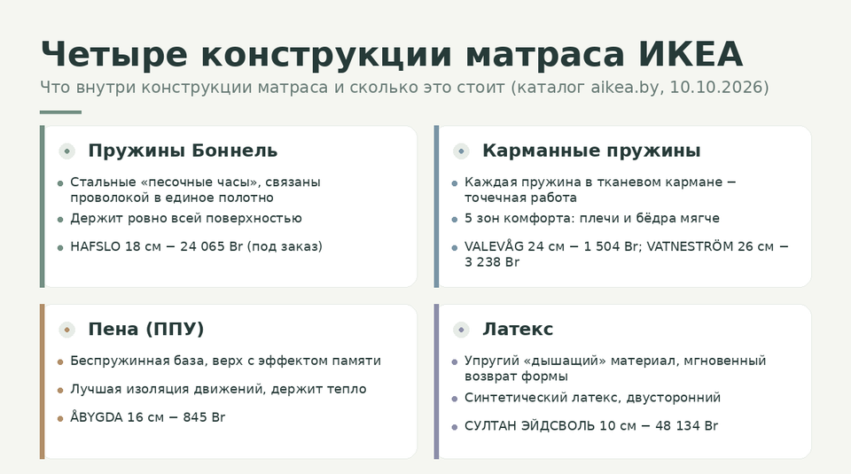 Инфографика: четыре конструкции матрасов ИКЕА − пружины Боннель, карманные пружины, пена ППУ и латекс − с толщинами и ценами каталога aikea.by на 10.10.2026