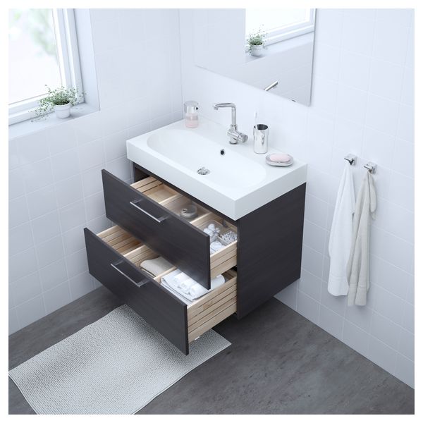 Шкаф для раковины с 2 ящиками ГОДМОРГОН / БРОВИКЕН, черно-коричневый (80x49x68 см) - фото 2