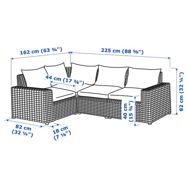 Модульный угловой 3-местный диван, садовый, коричневый/Холло черный IKEA СОЛЛЕРОН 992.611.59 - схема-чертеж с размерами