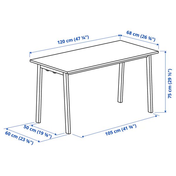 MITTZON Конференц-стол - шпон грецкого ореха/белый 120x68x75 см - схема-чертеж с размерами