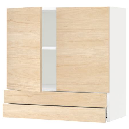 Навесной шкаф, 2 дверцы, 2 ящика МЕТОД / МАКСИМЕРА, белый, Аскерсунд под светлый ясень ясень