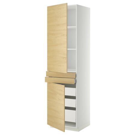 Высокий шкаф + полки, 5 ящиков, 2 дверцы, 2 фронтальных МЕТОД / МАКСИМЕРА, белый, Тингсрид береза