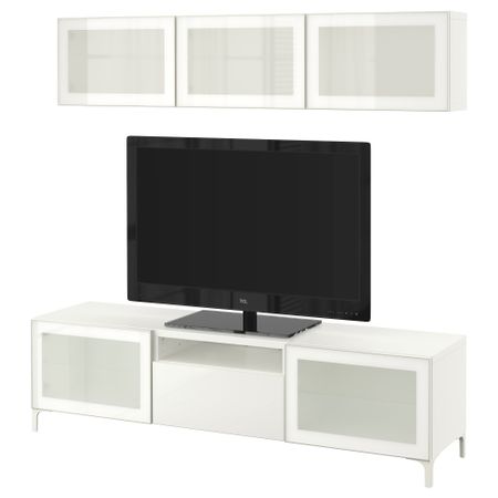 Шкаф для ТВ, комбинированный, стекляные дверцы БЕСТО, белый, Сельсвикен глянцевый/белый матовое стекло (180x20/40x166 см)