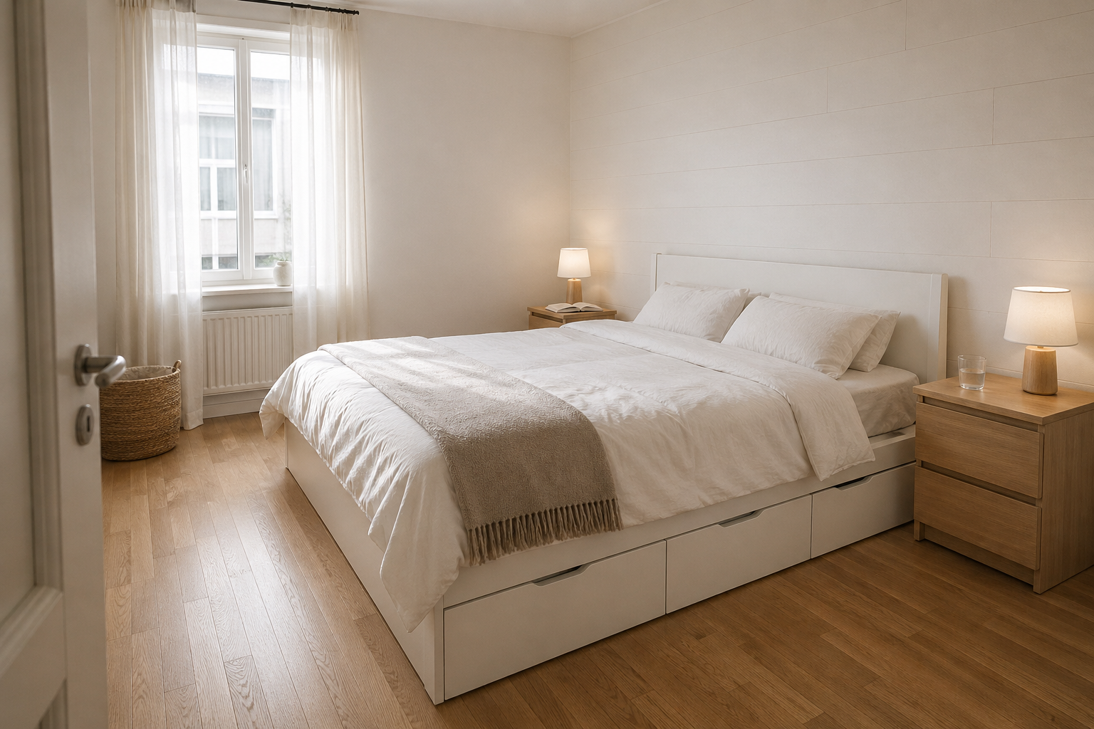 Спальня 14 м² с кроватью IKEA MALM 160×200 в белом шпоне, минималистичный скандинавский интерьер