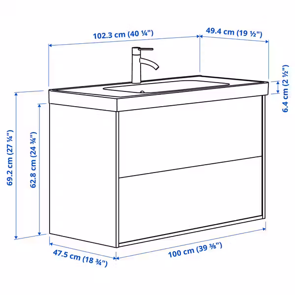 ÄNGSJÖN ЭНГШЁН / ORRSJÖN ОРРШЁН Шкаф с ящиками/раковина/смеситель - схема-чертеж с размерами