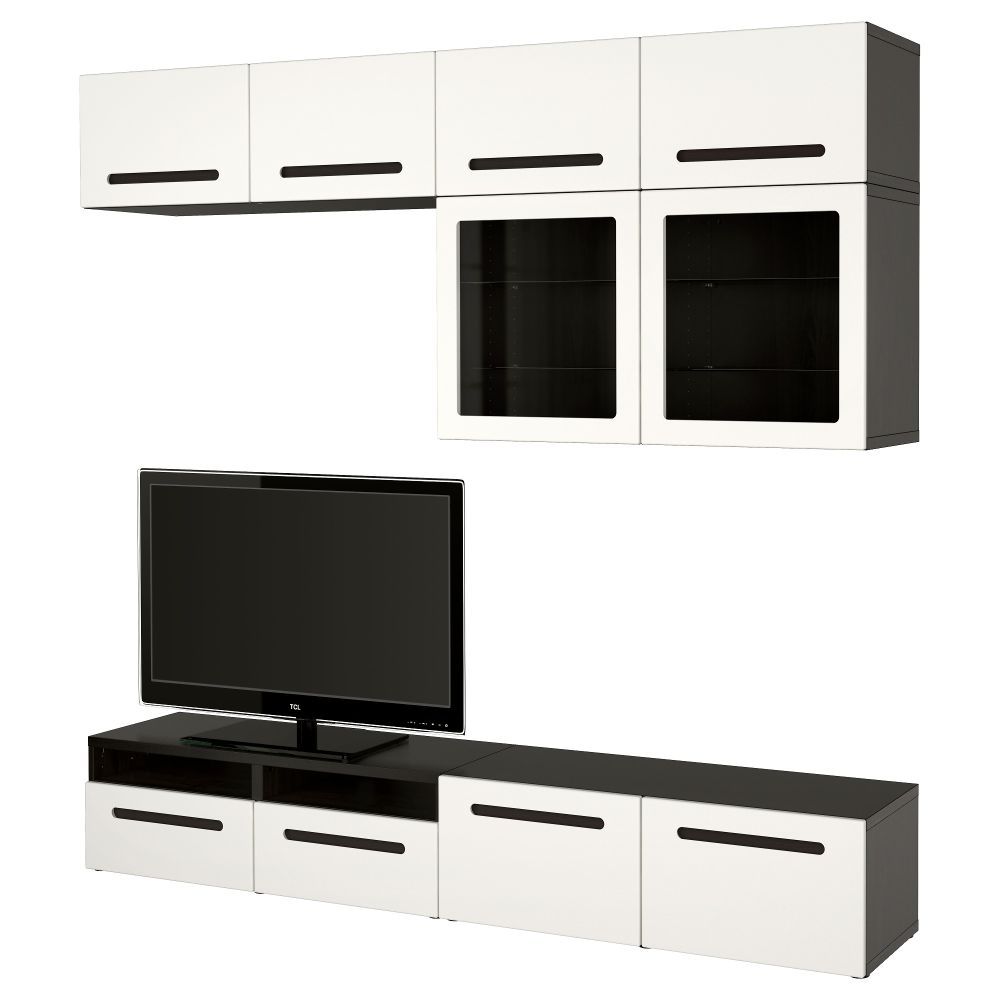 Шкаф для ТВ, комбинированный, стекляные дверцы БЕСТО, черно-коричневый, Марвикен белый прозрачное стекло (240x40x230 см) - фото 1