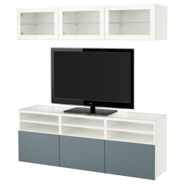 Шкаф для ТВ, комбинированный, стекляные дверцы БЕСТО, белый, Вальвикен серо-бирюзовый, прозрачное стекло (180x40x192 см) - фото 1