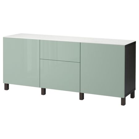 Комбинация для хранения с дверцами, ящиками БЕСТО, черно-коричневый, Сельсвикен глянцевый/серо-зеленый светлый (180x42x74 см)