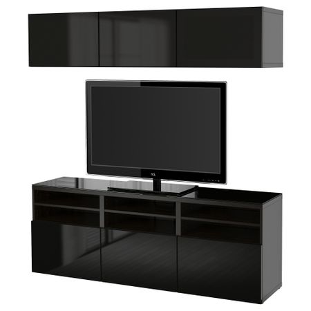Шкаф для ТВ, комбинированный, стекляные дверцы БЕСТО, черно-коричневый, Сельсвикен глянцевый/черный дымчатое стекло (180x40x192