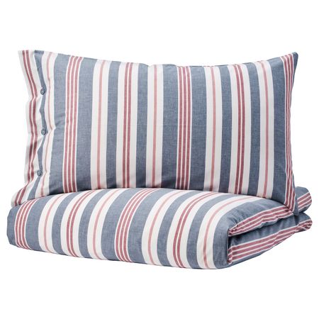 Пододеяльник и наволочка, синий-красный/в полоску 150x200/50x70 см IKEA SMALSTÄKRA СМАЛСТЭКРА 304.434.97