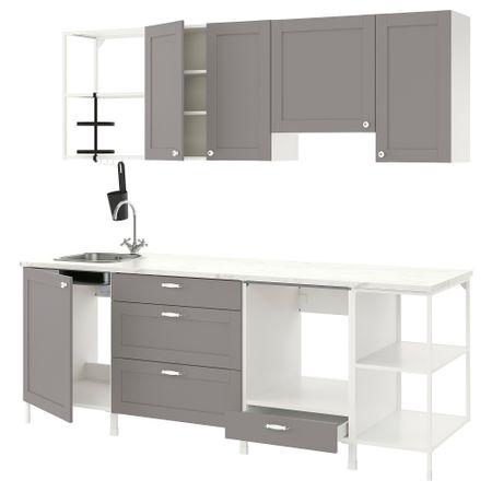 Кухня, 243x63.5x222 см, белый, серый каркас IKEA BEGIVENHET БЕГИВЕНХЕТ 093.380.78