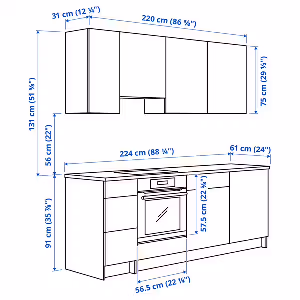 KNOXHULT Кухня - белый каркас 220x61x220 см - схема-чертеж с размерами