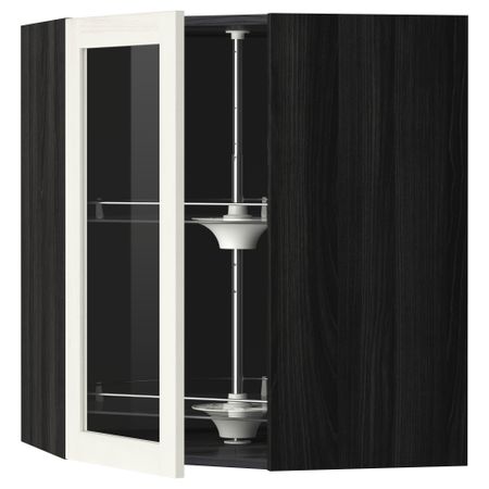 Угловой навесной шкаф с вращающающейся секцией, стеклянными дверцами МЕТОД, черный, Росдаль белый