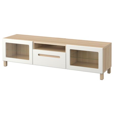 Тумба под ТВ БЕСТО, под беленый дуб, Марвикен белый прозрачное стекло (180x40x48 см)