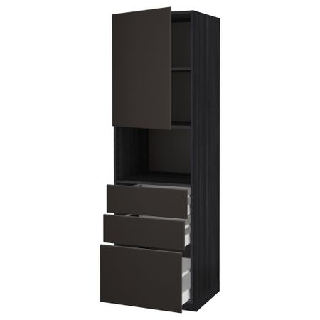 Высокий шкаф для/СВЧ+дверца/3 ящика МЕТОД / МАКСИМЕРА, черный, Кунгсбакка антрацит